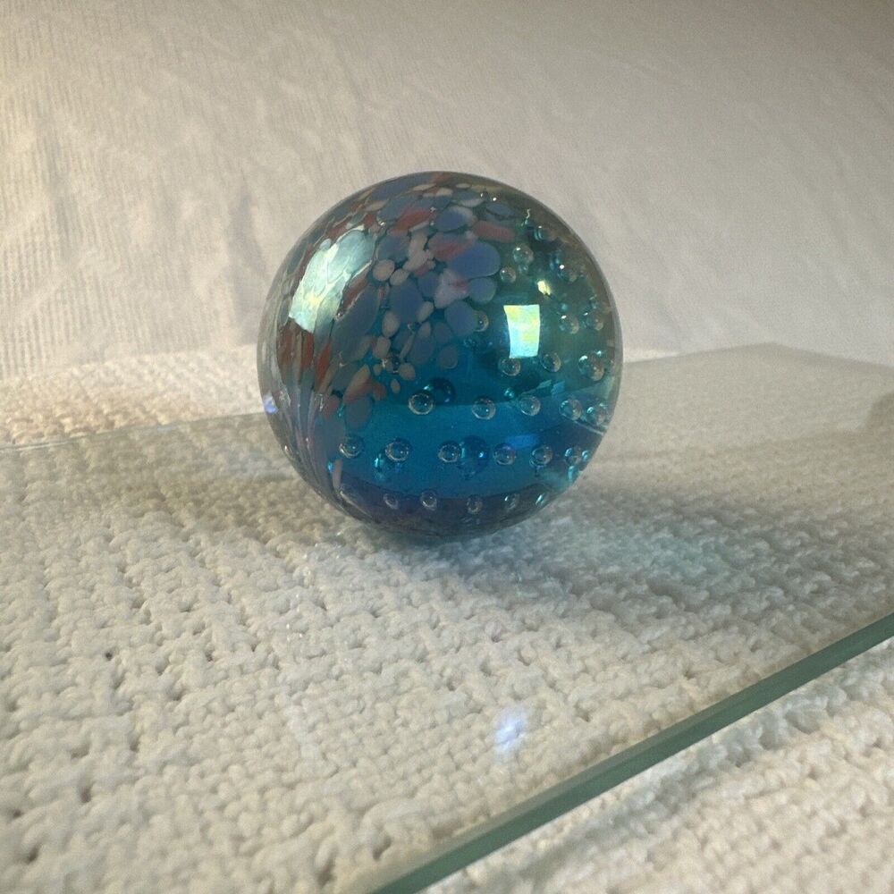 92 GES Glass Eye Studio Iridescent Plume Bullicante Art Glass Paperweight Signed